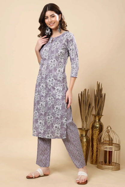 Pure cotton floral print grey dupatta and kurta set from Rabric Stores