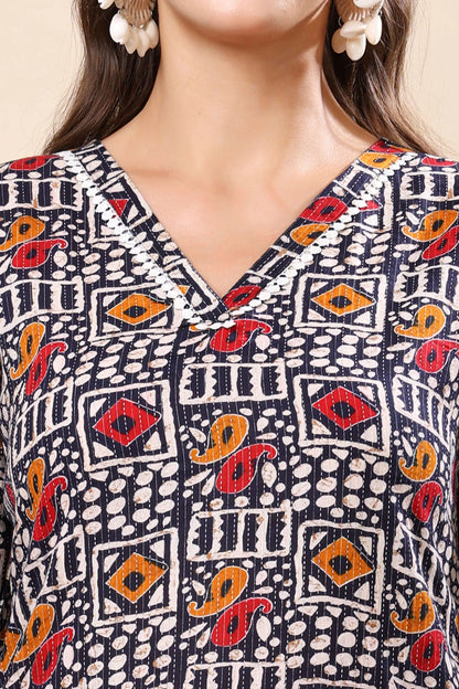 Rabric women’s casual wear long kurti with 3/4th sleeves and lace detailing