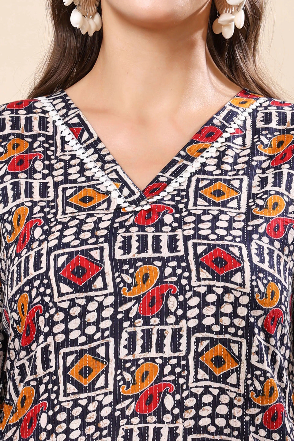 Rabric women’s casual wear long kurti with 3/4th sleeves and lace detailing