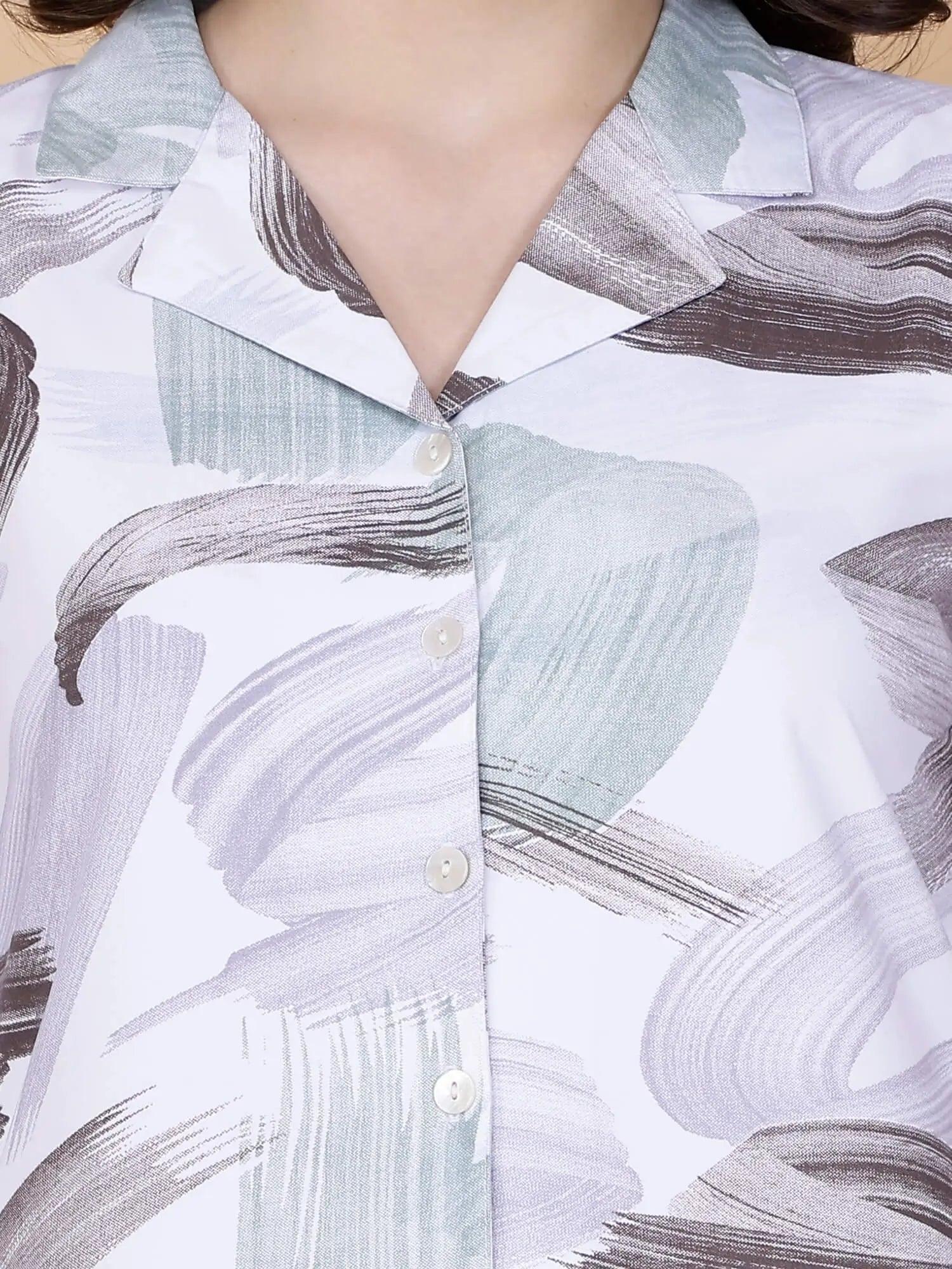 Stylish Cotton Printed Nightwear Co-ord Set with Collar and Buttons