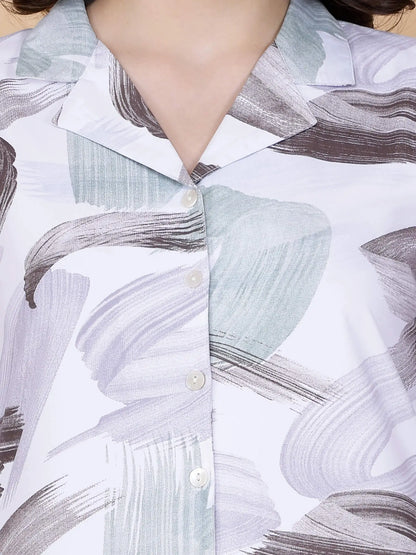 Stylish Cotton Printed Nightwear Co-ord Set with Collar and Buttons