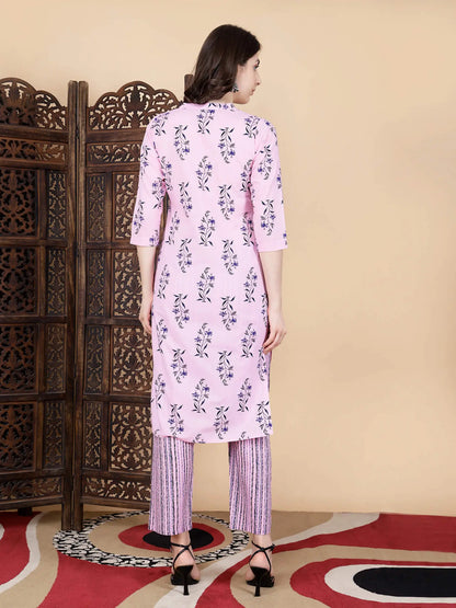 Back view of pure cotton pink kurti and striped pant set