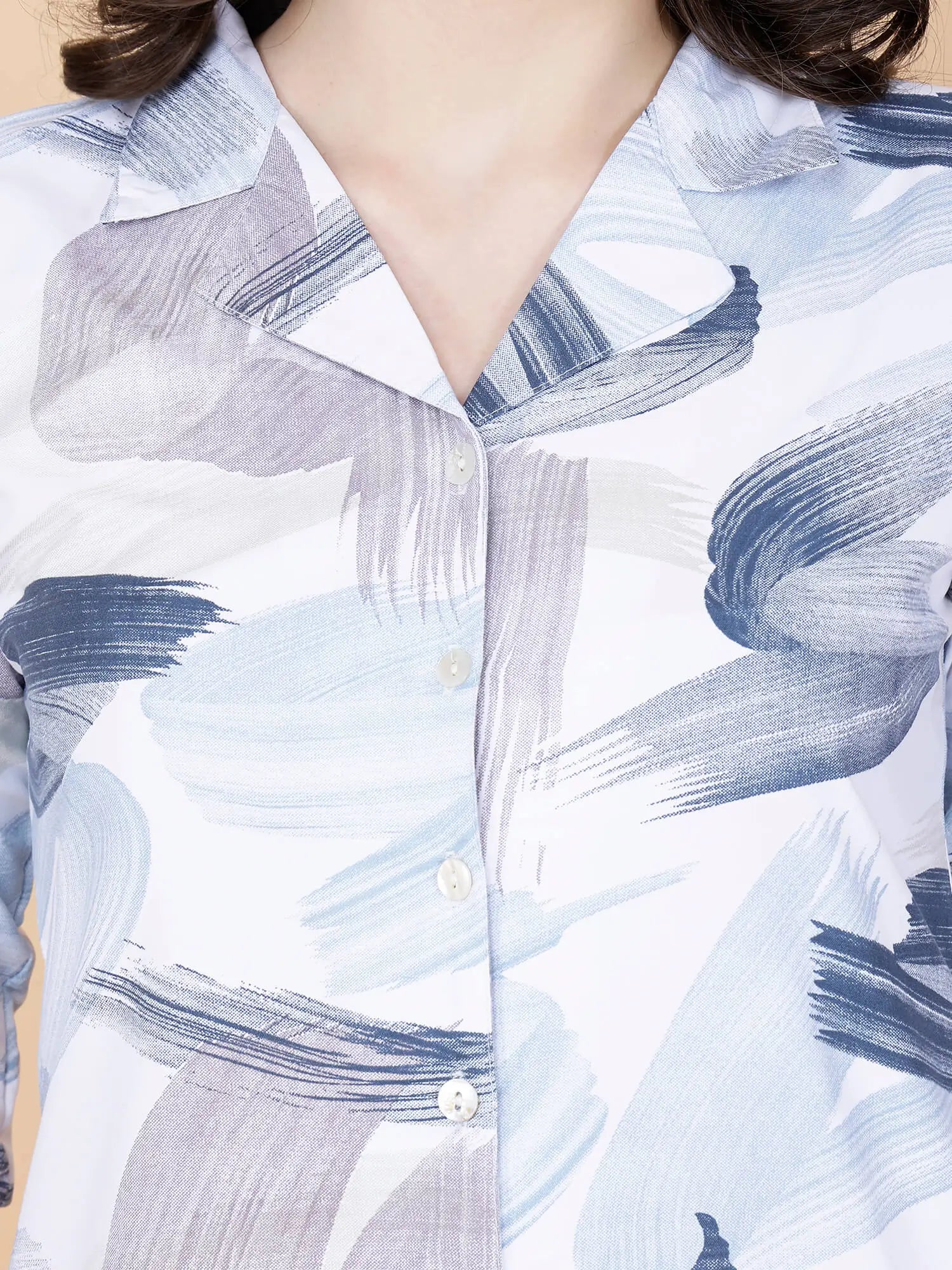 Close-up of button-down collared top in Purple Brush Print Co-ord Set