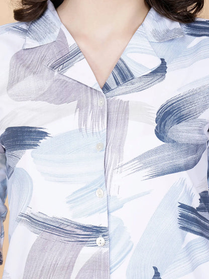 Close-up of button-down collared top in Purple Brush Print Co-ord Set