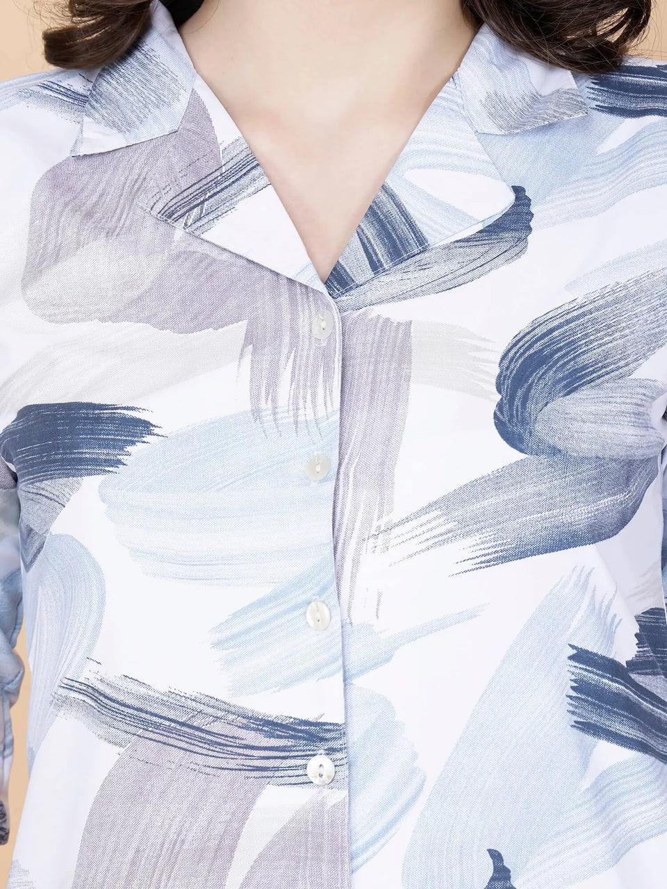 Close-up of button-down collared top in Purple Brush Print Co-ord Set