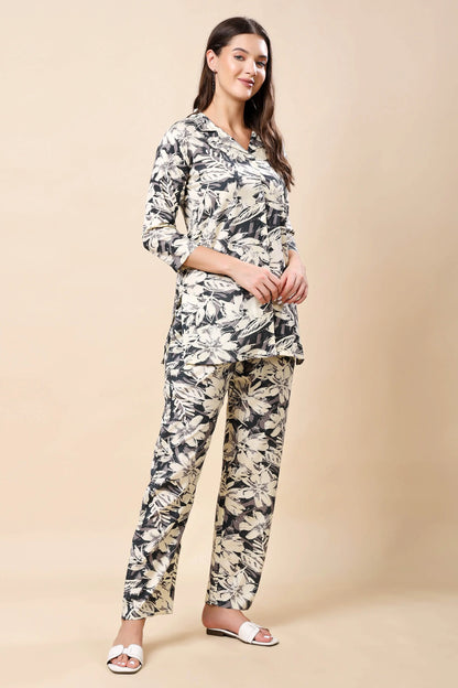 Rabric shirt style purple co-ord top with brass buttons