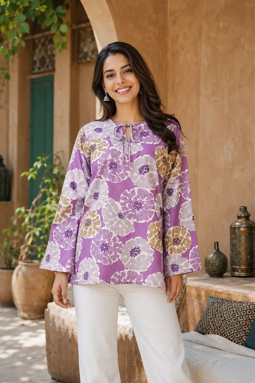 RABRIC women’s purple floral printed top with long sleeves and relaxed fit front view