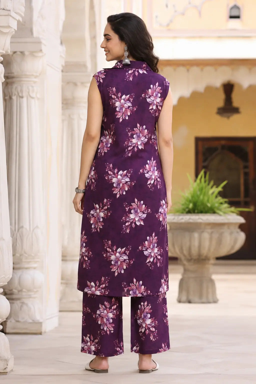 Back view of Rabric purple floral rayon co-ord set for women