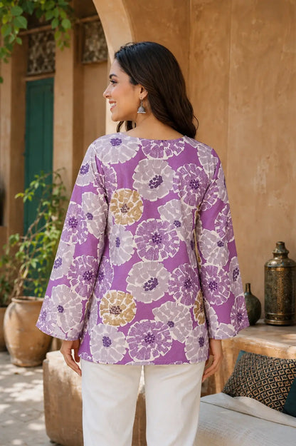 Back view of RABRIC purple floral printed women’s casual top with full sleeves