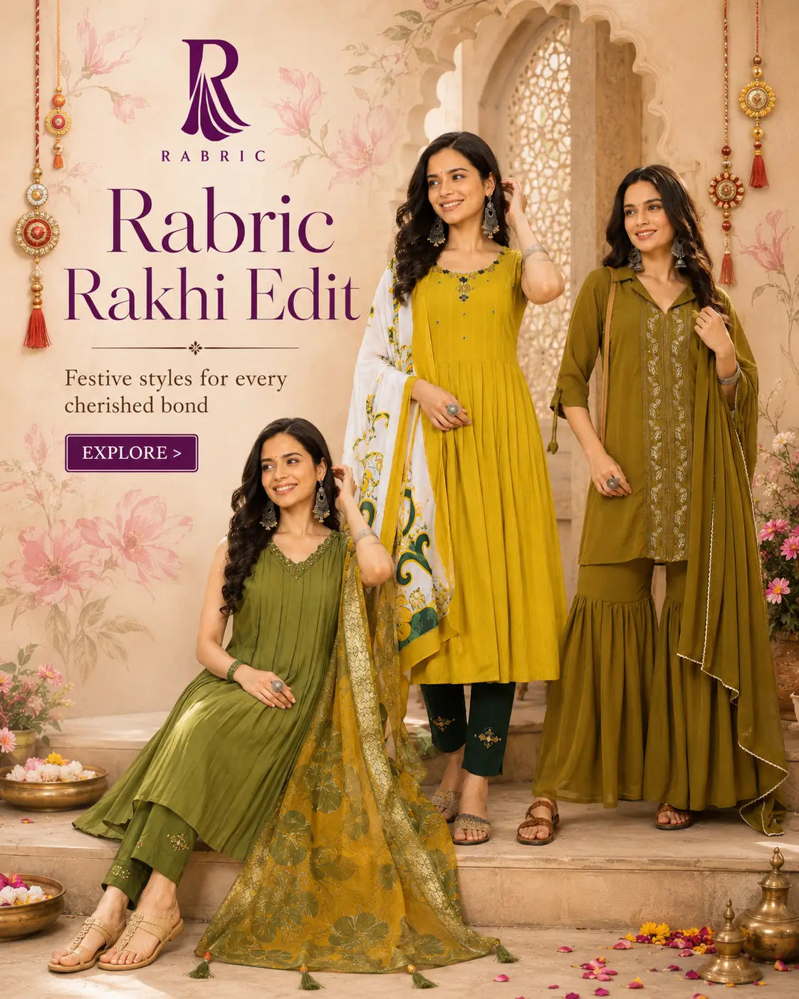 Rabric Rakhi festive collection with women wearing mustard and olive green kurta sets in an elegant floral setting