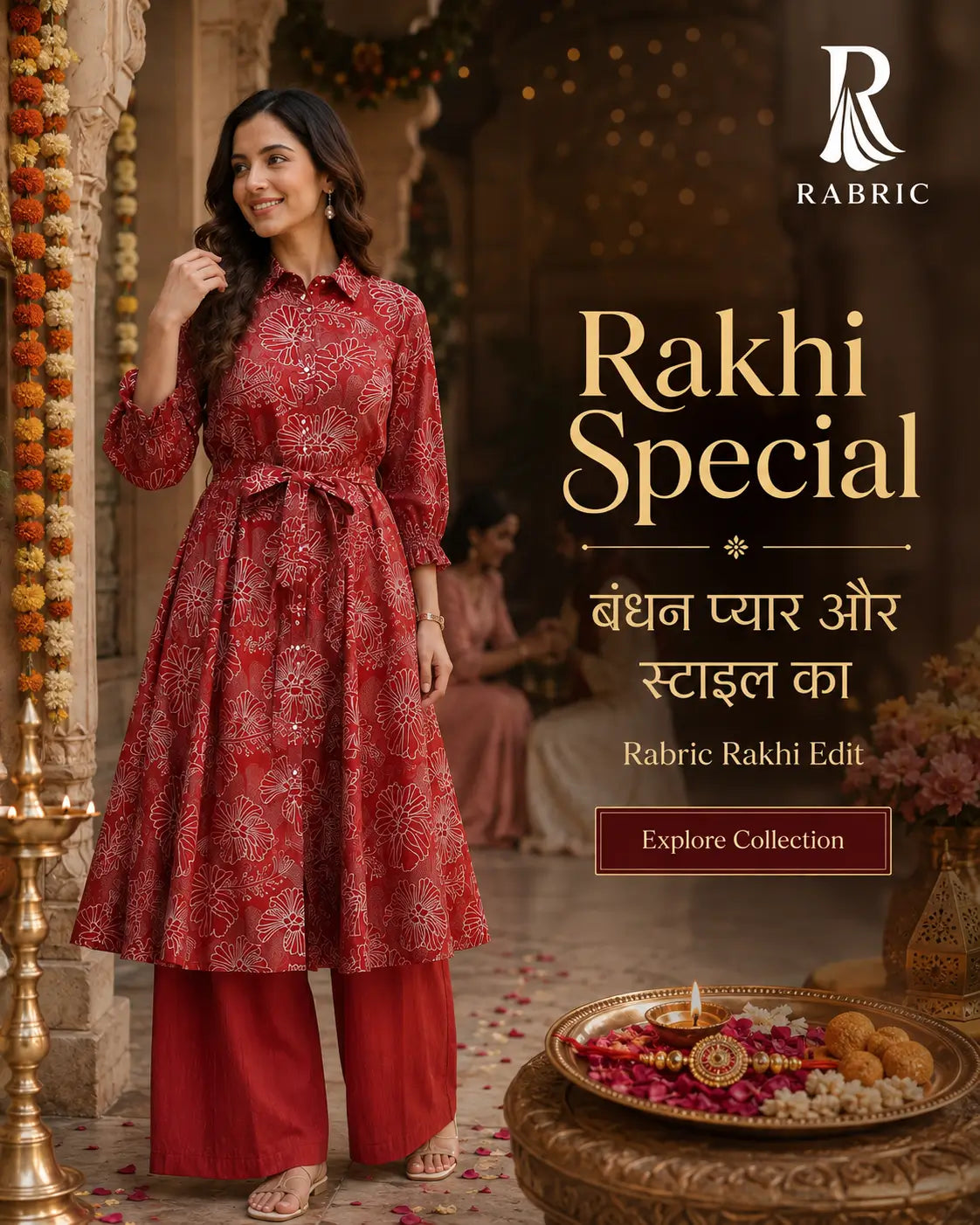 Rabric Rakhi Special festive banner featuring women in red printed kurta set with Rakhi thali and traditional festive decor
