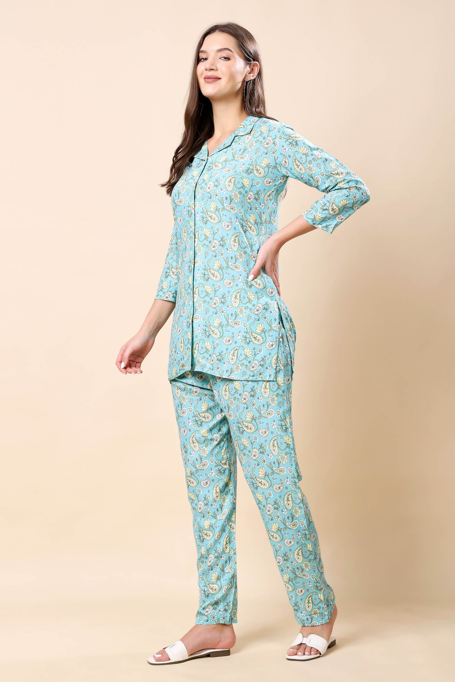 Aqua Rayon Printed Co-ord Set – Side Pose by Rabric