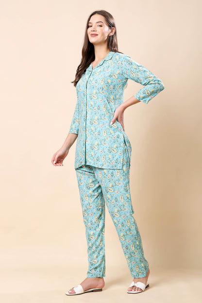 Aqua Rayon Printed Co-ord Set – Side Pose by Rabric