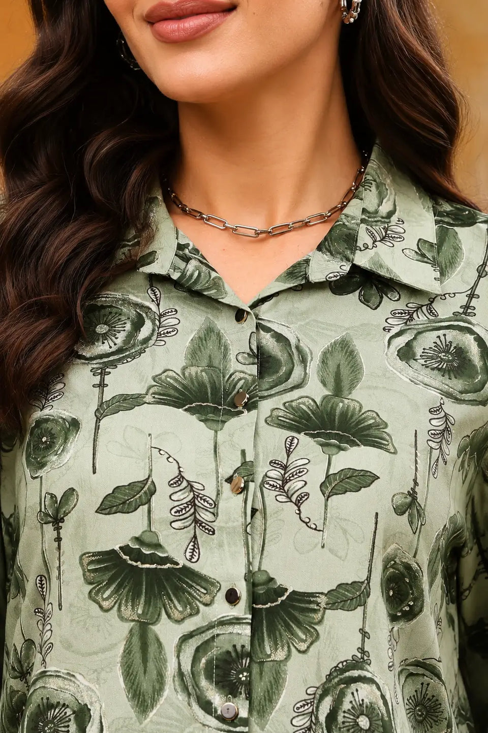 Close up collar neck design of sage green rayon floral printed women co-ord set shirt by Rabric