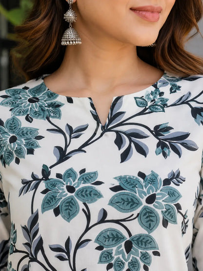 Close up neck design of Rabric off white teal floral printed rayon co-ord set for women with elegant neckline detail
