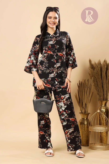 Rabric Premium Rayon Floral Black Co-ord Set for Women | Stylish Collar Top & Comfortable Pants with Pocket