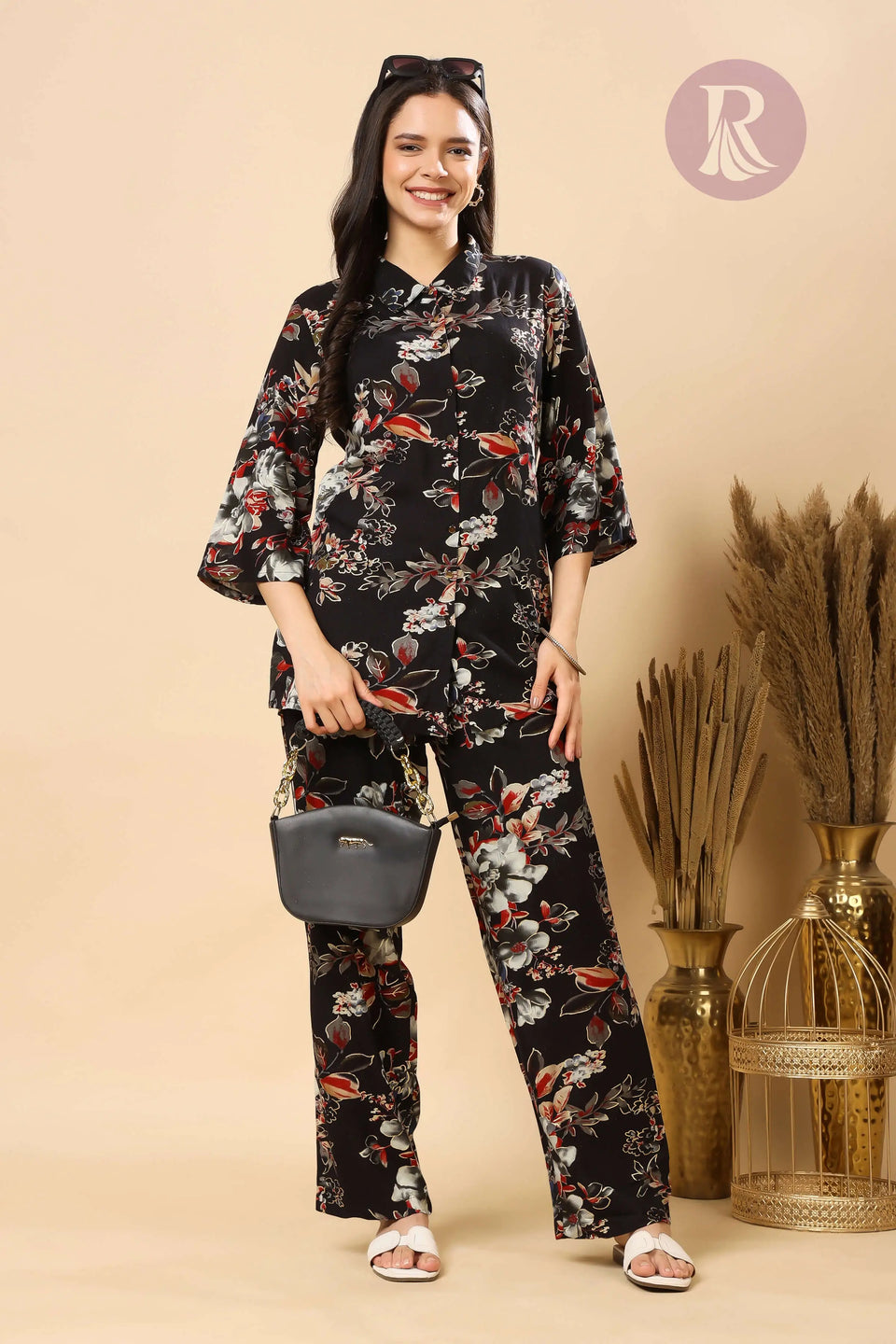 Rabric Premium Rayon Floral Black Co-ord Set for Women | Stylish Collar Top & Comfortable Pants with Pocket