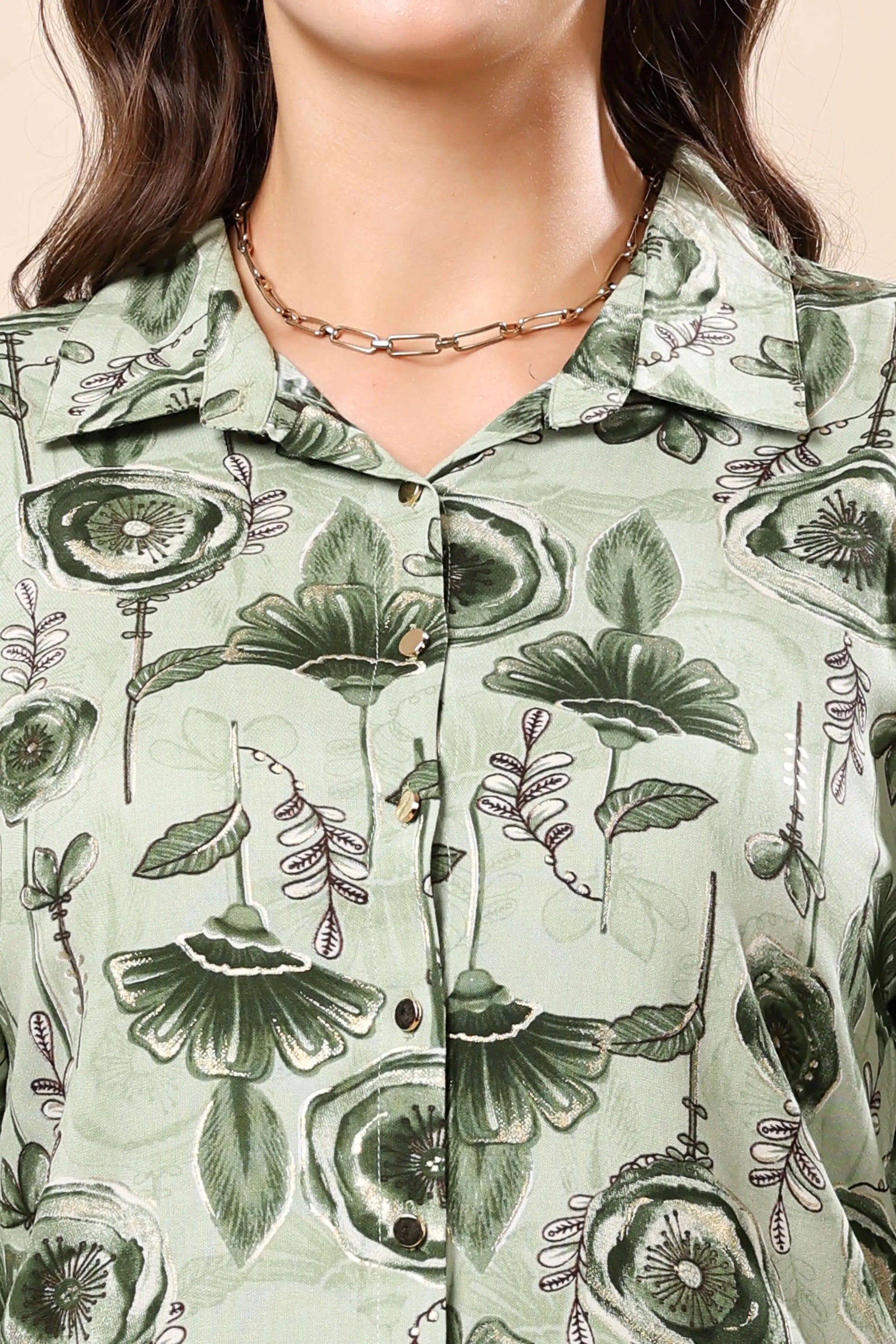 Close-up of Collared Top and Buttons on Green Rayon Co-ord Set