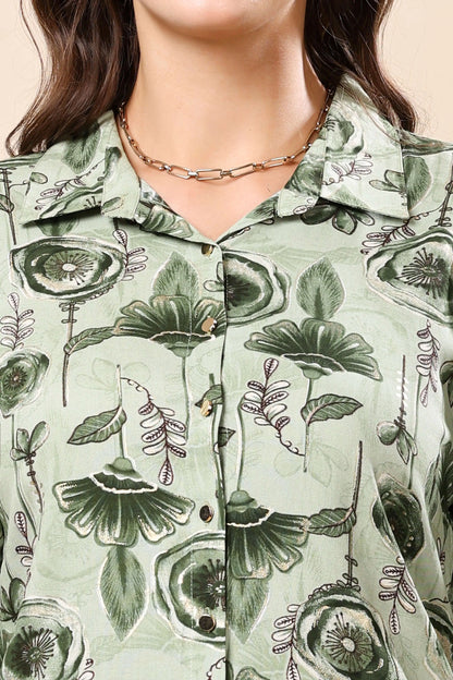 Close-up of Collared Top and Buttons on Green Rayon Co-ord Set