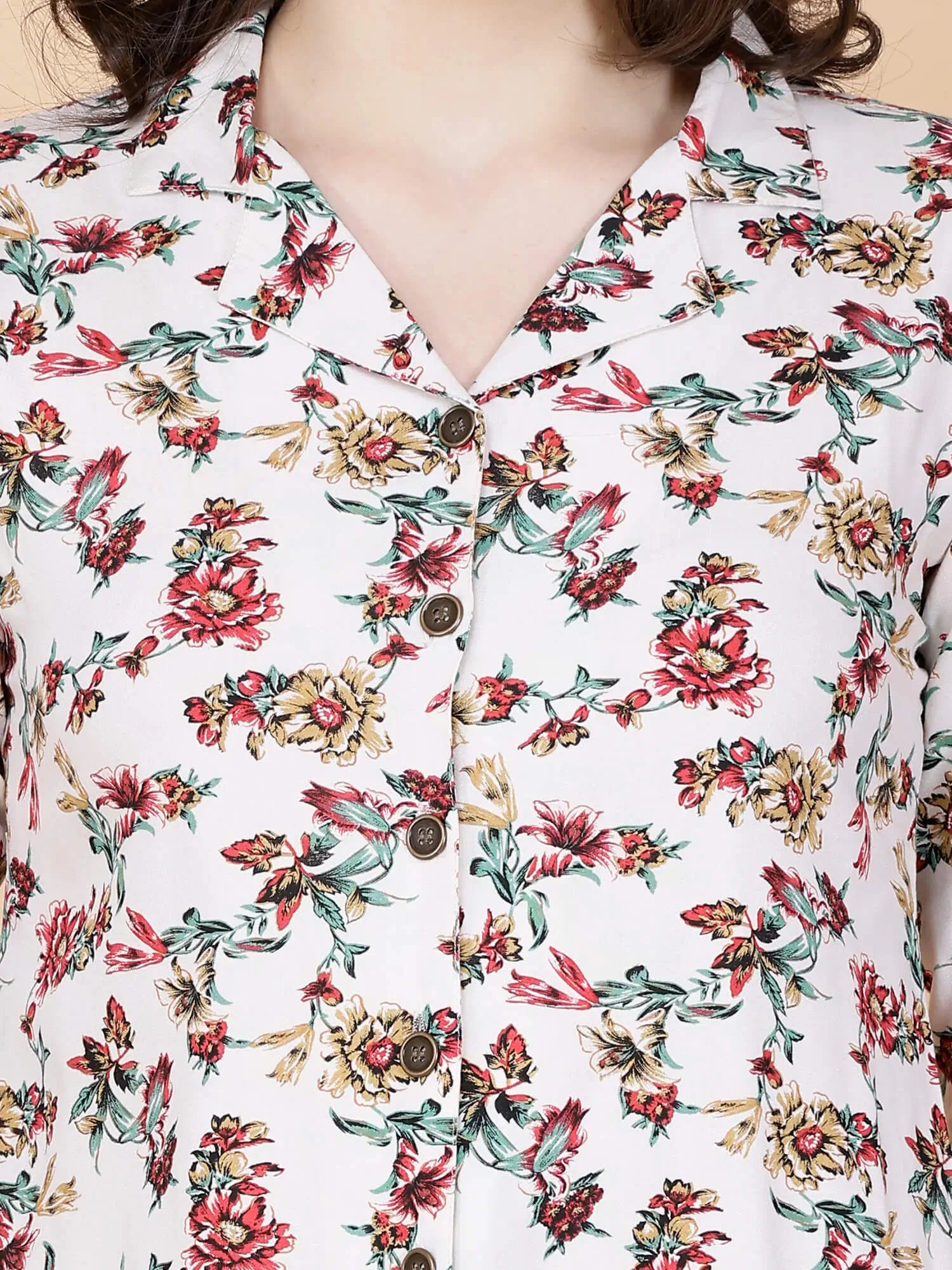 Close-up of Premium Rayon Fabric in Cream Floral Co-ord Set