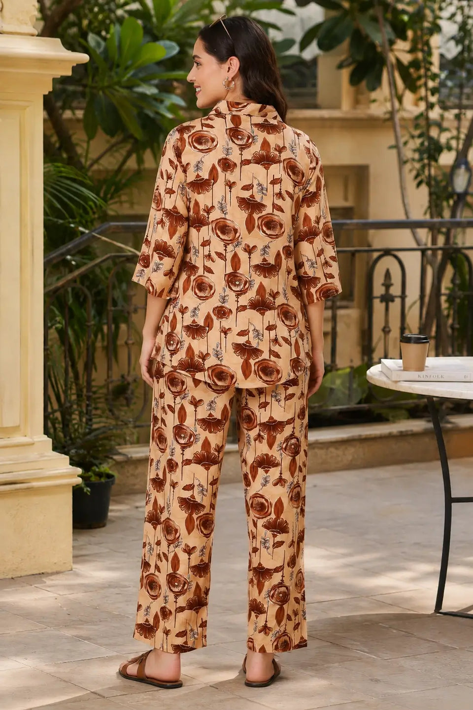 Back view of Rabric beige brown floral printed rayon co-ord set featuring 3-4 sleeve short shirt and straight fit pants