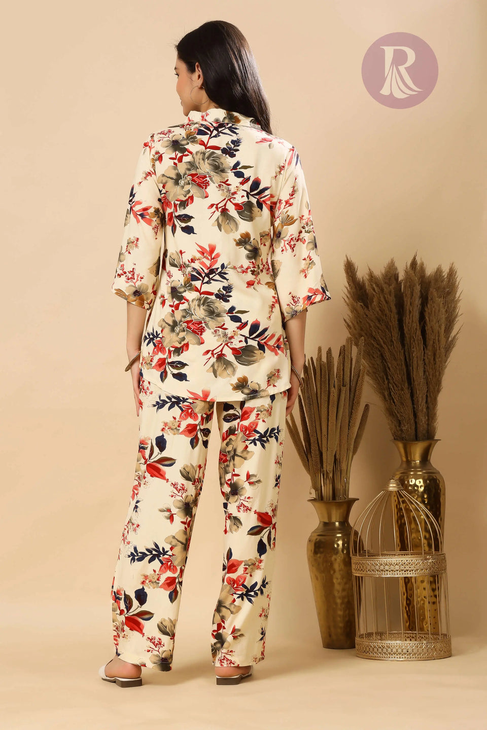 Back view of cream floral rayon co-ord shirt by Rabric