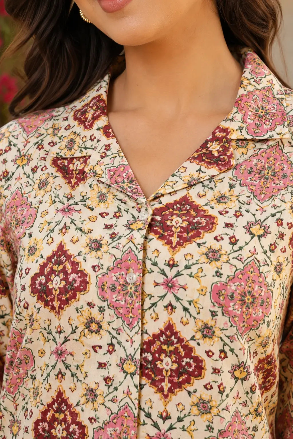 Close up collar neck design of cream pink floral printed rayon co-ord set shirt for women by Rabric