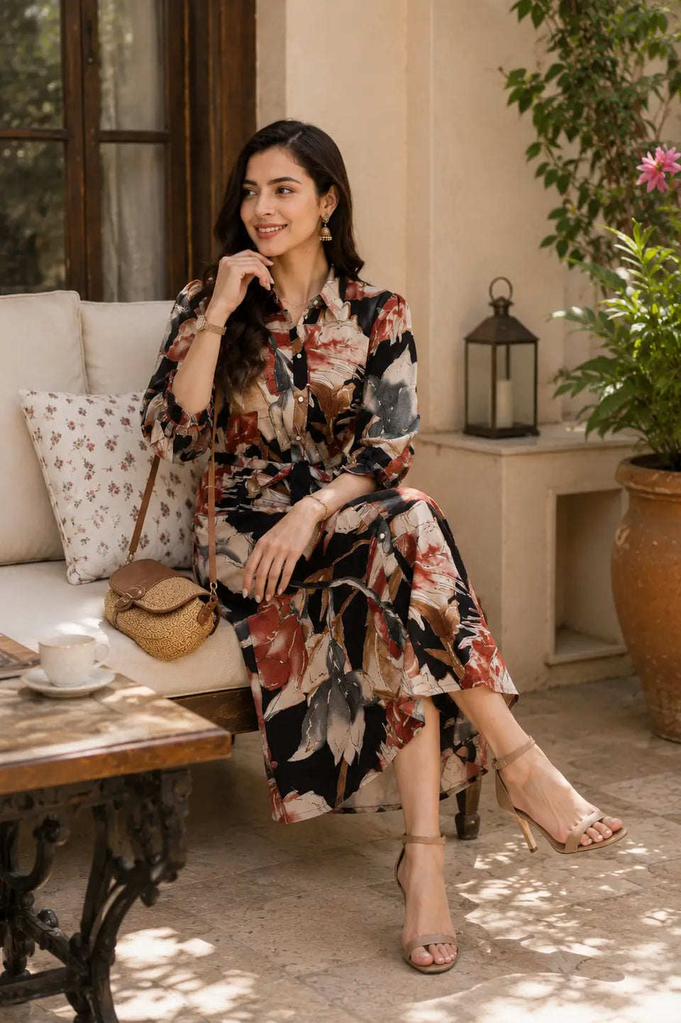 Women sitting lifestyle pose in Rabric black floral rayon midi kurti dress with handbag and stylish casual ethnic accessories