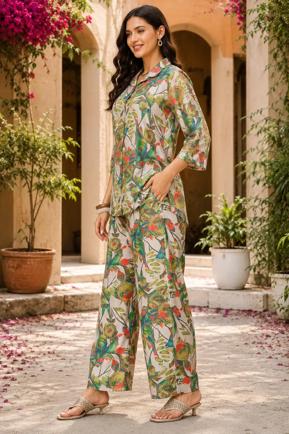 Side angle of women multicolor floral rayon co-ord set with 3/4 sleeves and straight pants comfortable ethnic western wear