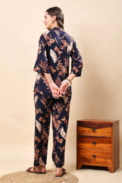 Premium rayon floral co-ord set with button-down shirt and pants
