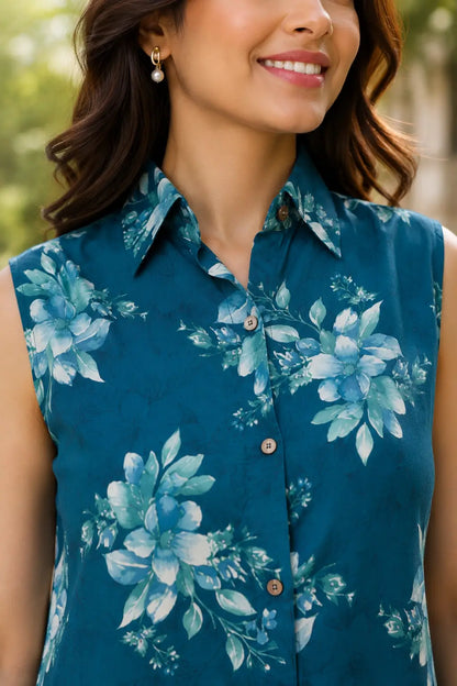 Close-up of collared neck floral rayon co-ord set