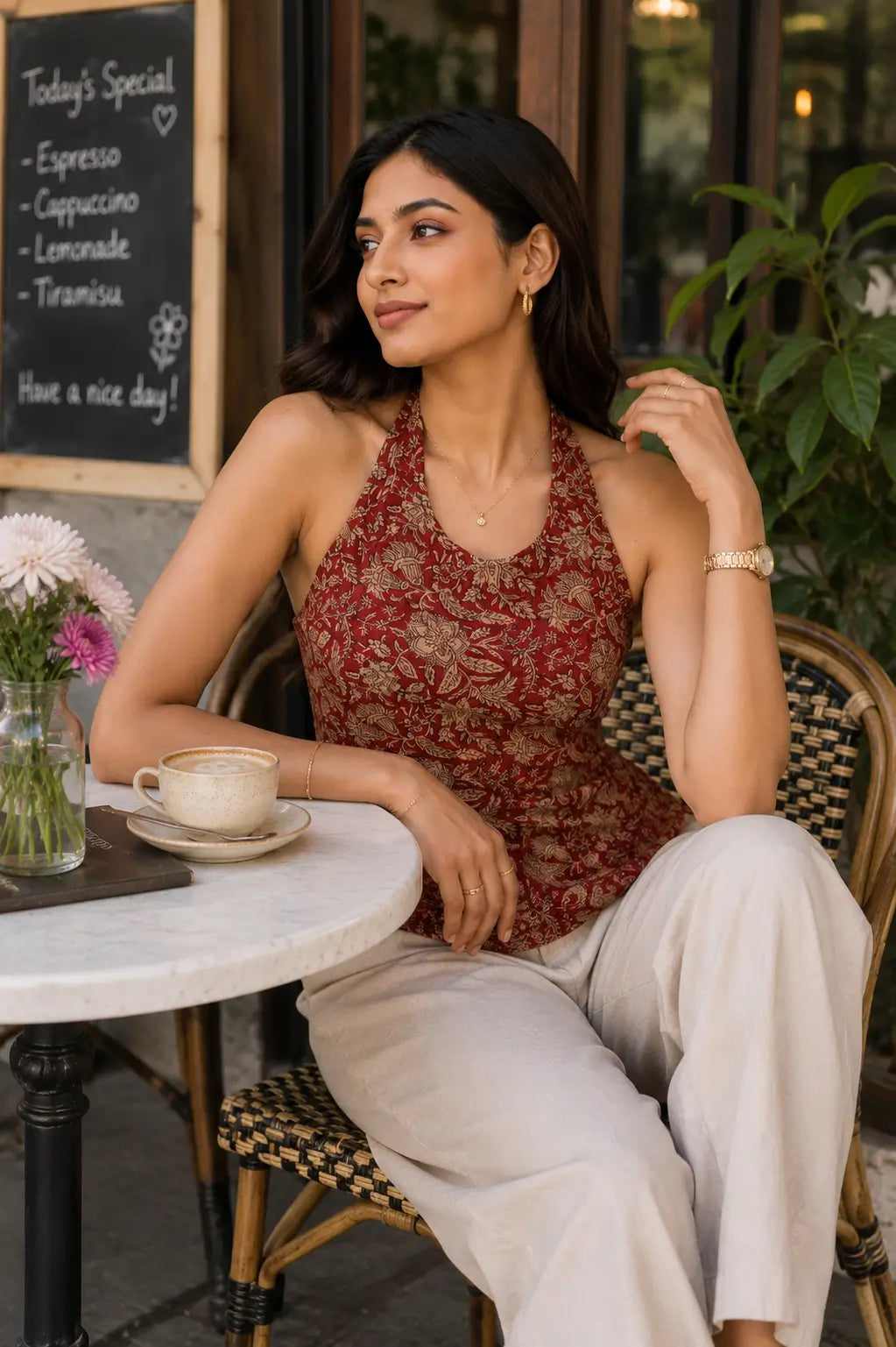Rabric red cotton halter neck floral short top cafe lifestyle fashion look with casual accessories for women