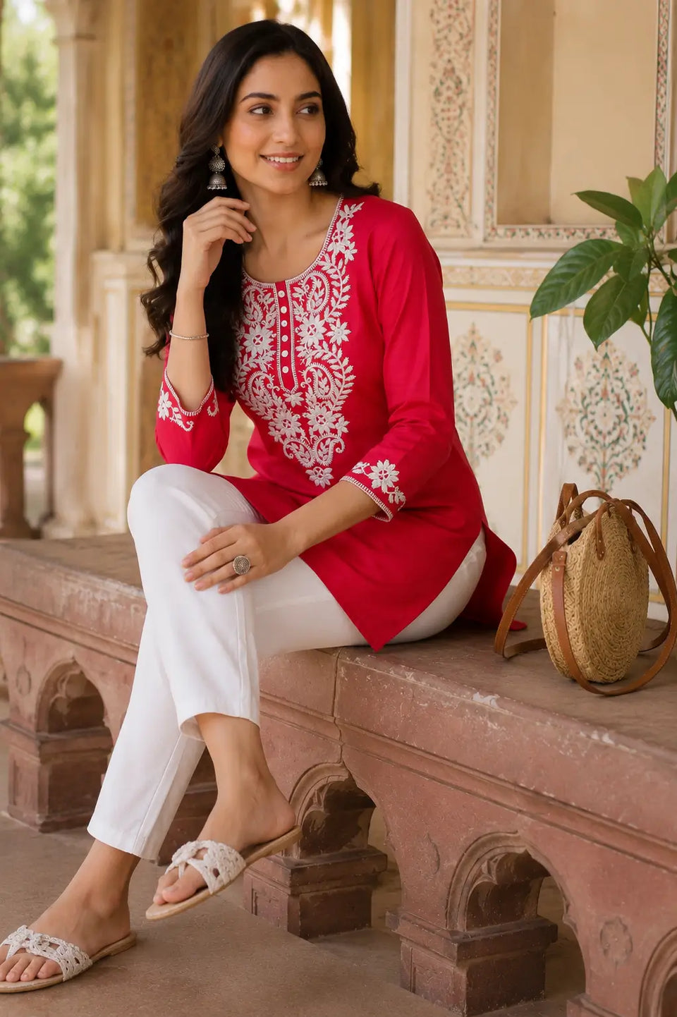 Women’s embroidered red cotton short kurta in casual sitting pose with handbag and ethnic accessories