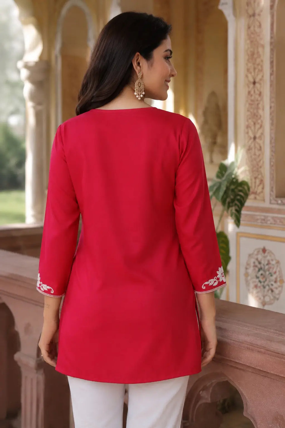 Back side view of Rabric red cotton short top for women featuring straight fit and embroidered sleeve detailing