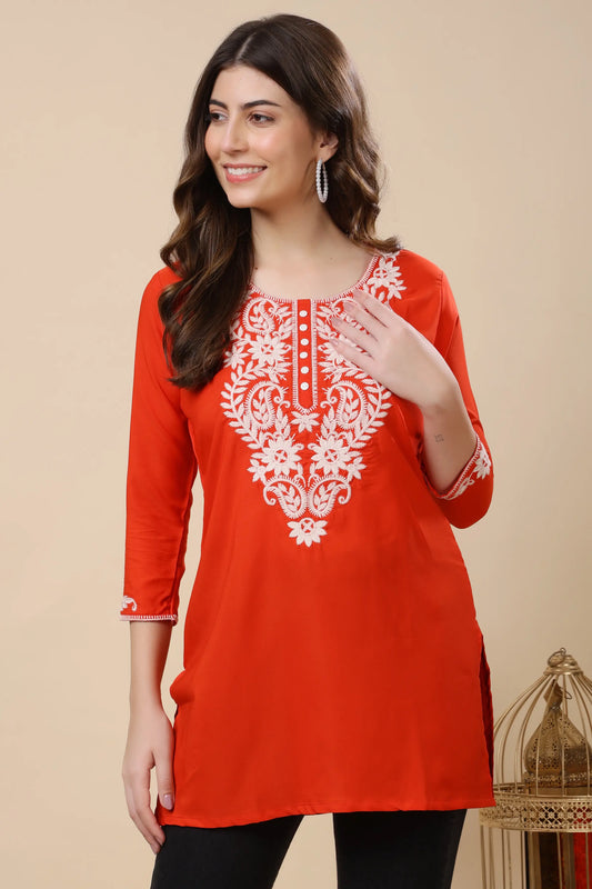 Rabric red Crepe short kurti with white floral embroidery for daily wear and office wear