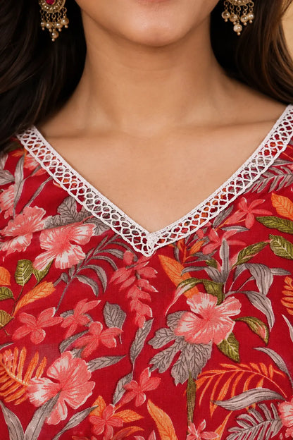 Closeup of V neck lace detailing on Rabric red floral printed cotton kurta with botanical flower print