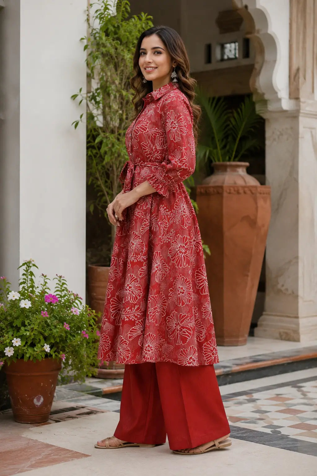 Side angle view of Rabric vertical silk red floral printed kurta and palazzo set