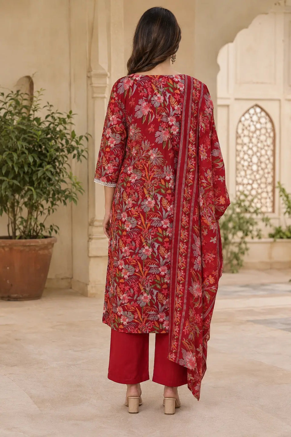 Back view of Rabric red floral printed cotton kurta pant set with dupatta showcasing all over botanical floral print design
