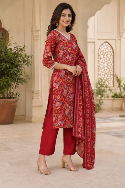 Side view of Rabric red floral printed cotton kurta pant set with dupatta for women showing elegant ethnic wear styling
