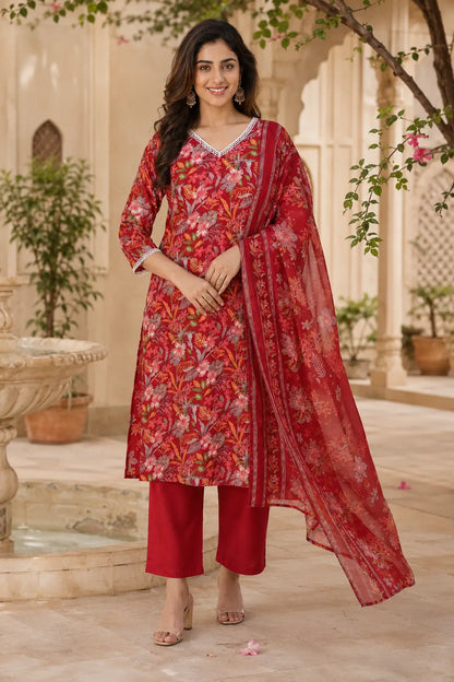 Rabric red floral printed cotton kurta pant set with dupatta styled in outdoor garden setting for festive and office wear