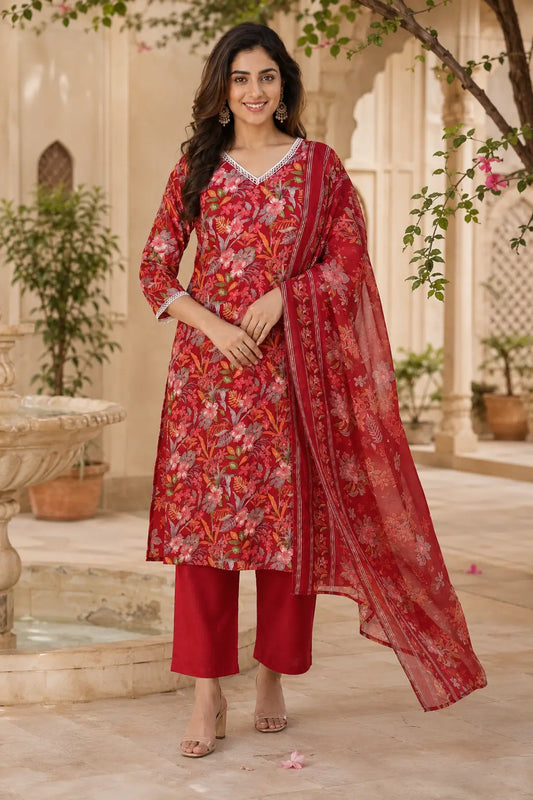 Rabric red floral printed cotton kurta pant set with dupatta styled in outdoor garden setting for festive and office wear