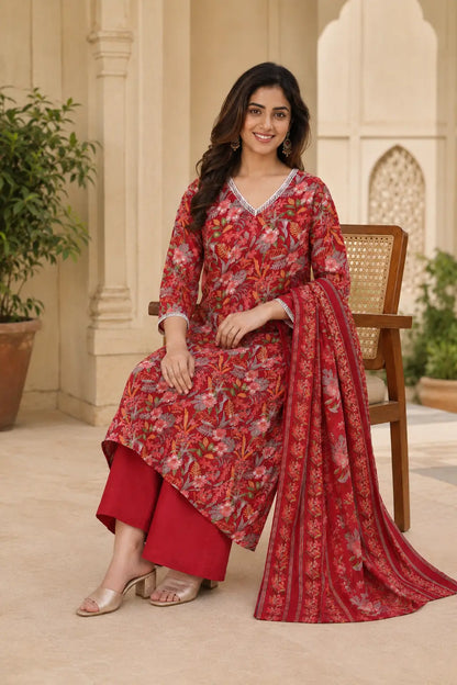 Rabric red floral printed cotton kurta pant set with dupatta sitting lifestyle look featuring soft breathable cotton fabric