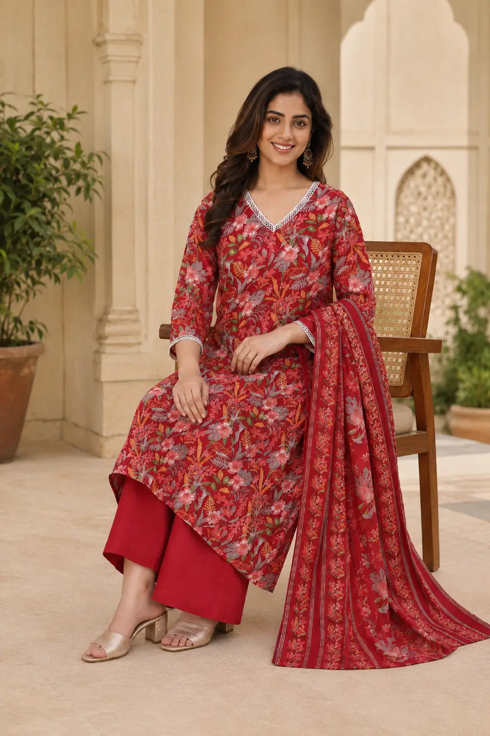 Rabric red floral printed cotton kurta pant set with dupatta sitting lifestyle look featuring soft breathable cotton fabric