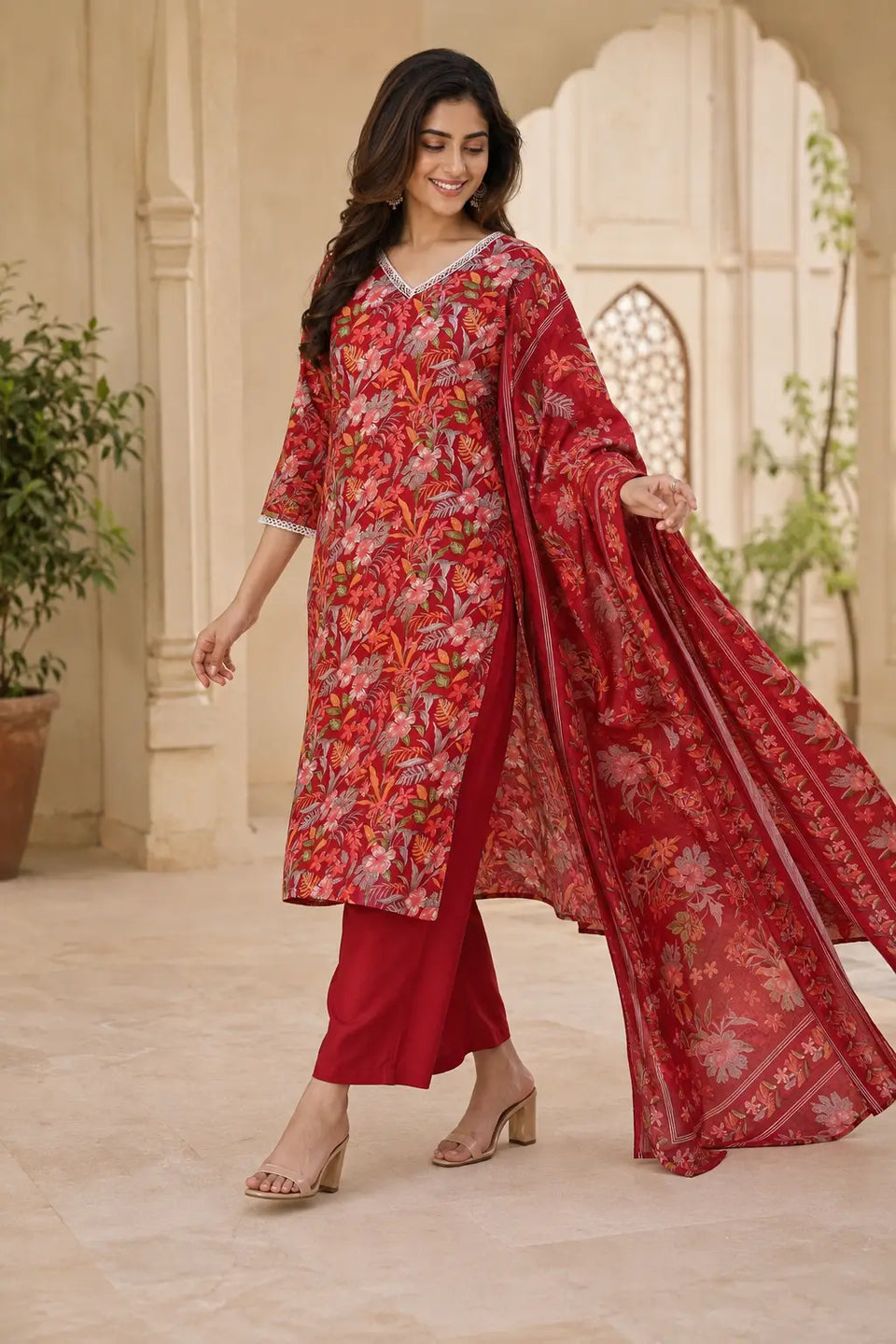 Rabric red floral printed cotton kurta pant set with dupatta walking pose showcasing comfortable cotton ethnic wear for women