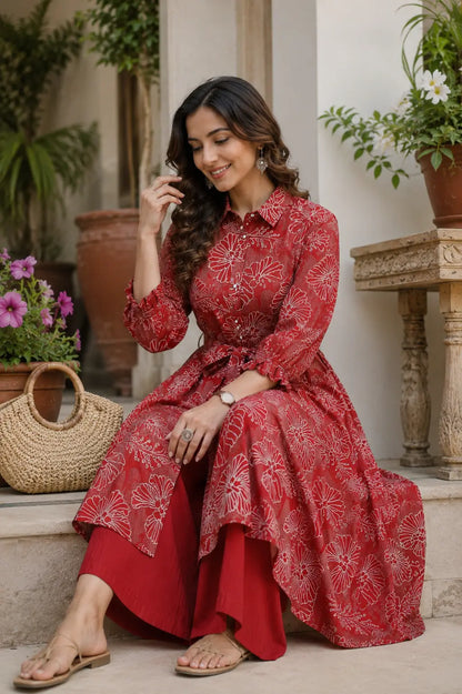 Rabric red floral kurta palazzo co-ord set lifestyle sitting pose for women