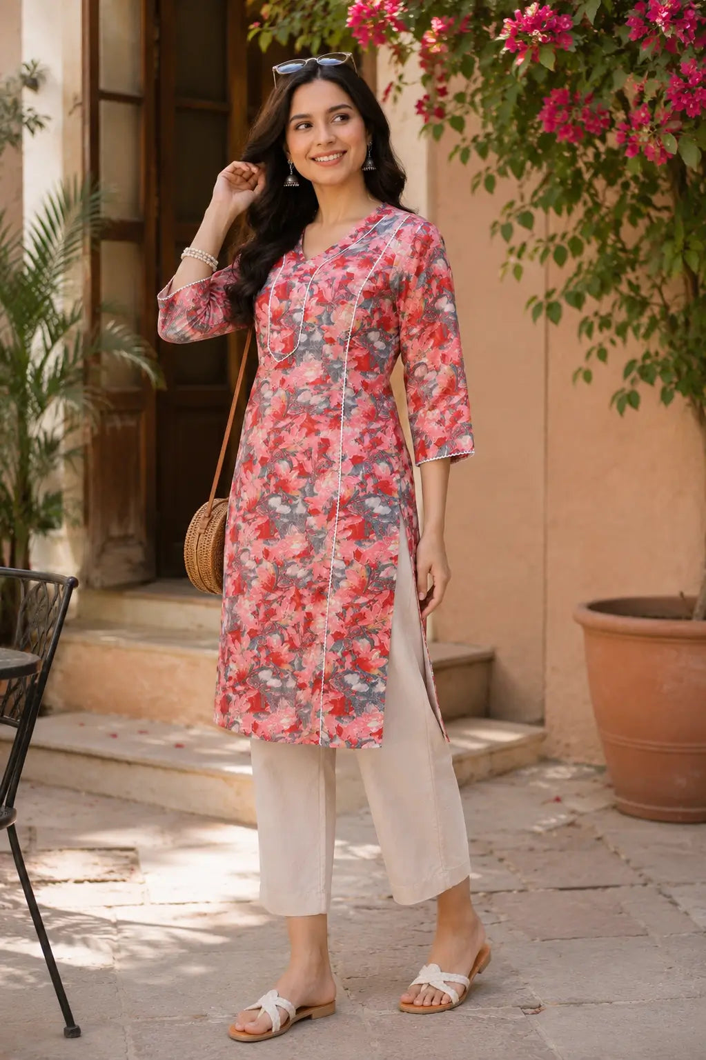 Rabric women red pink floral cotton kurti casual lifestyle look with stylish accessories and comfortable ethnic fashion styling