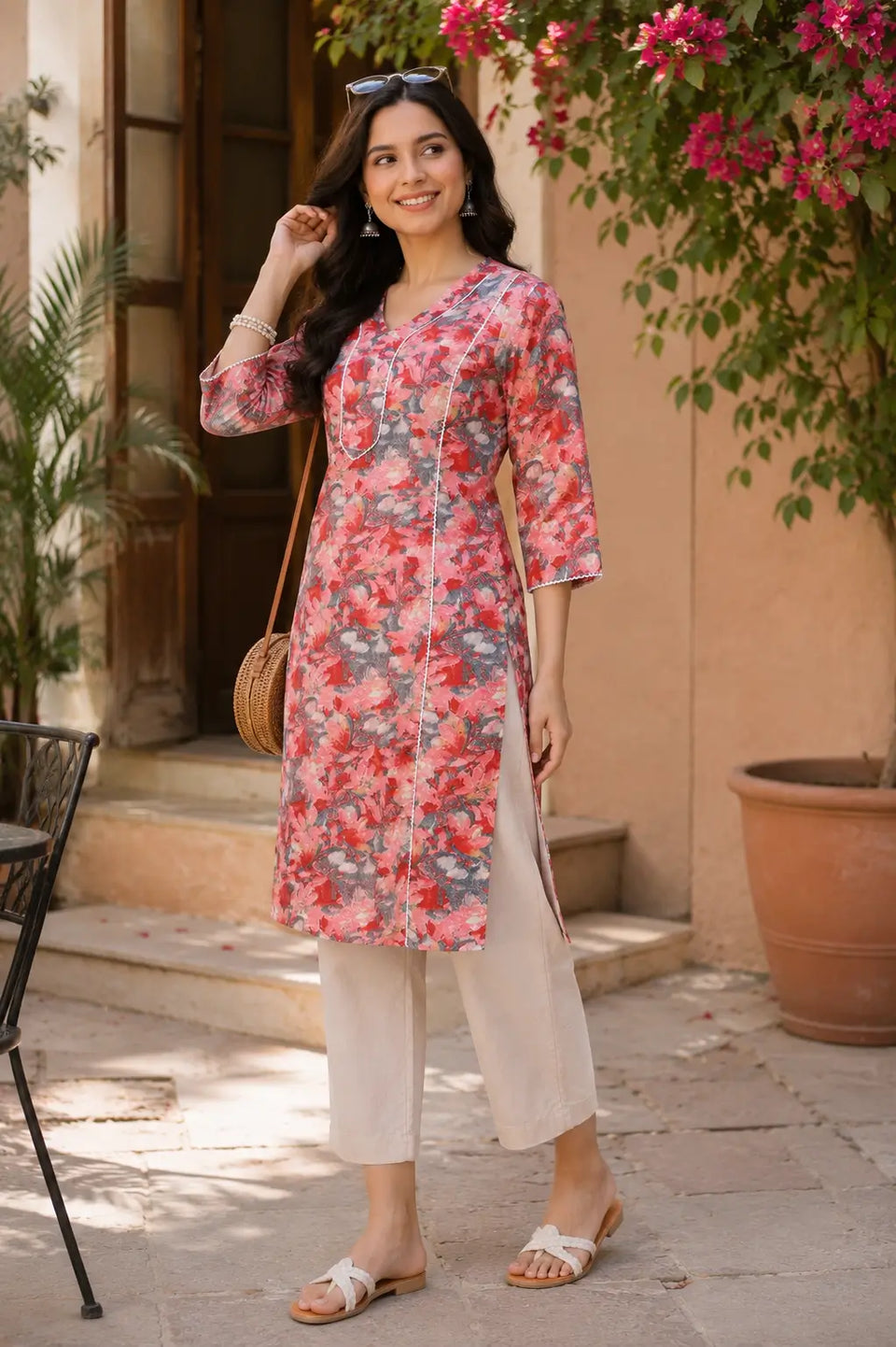 Rabric women red pink floral cotton kurti casual lifestyle look with stylish accessories and comfortable ethnic fashion styling
