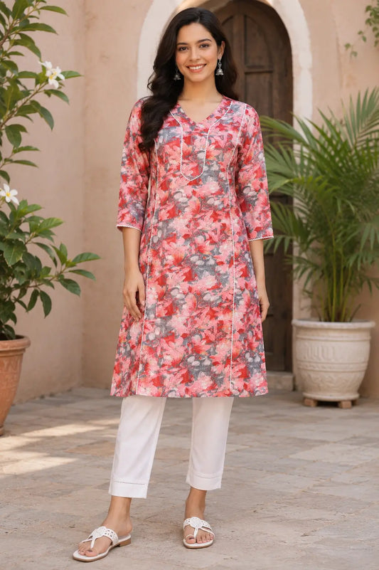 Rabric women red pink floral cotton kurti front view with stylish V neck and 3-4 sleeves mid length ethnic wear for casual daily wear