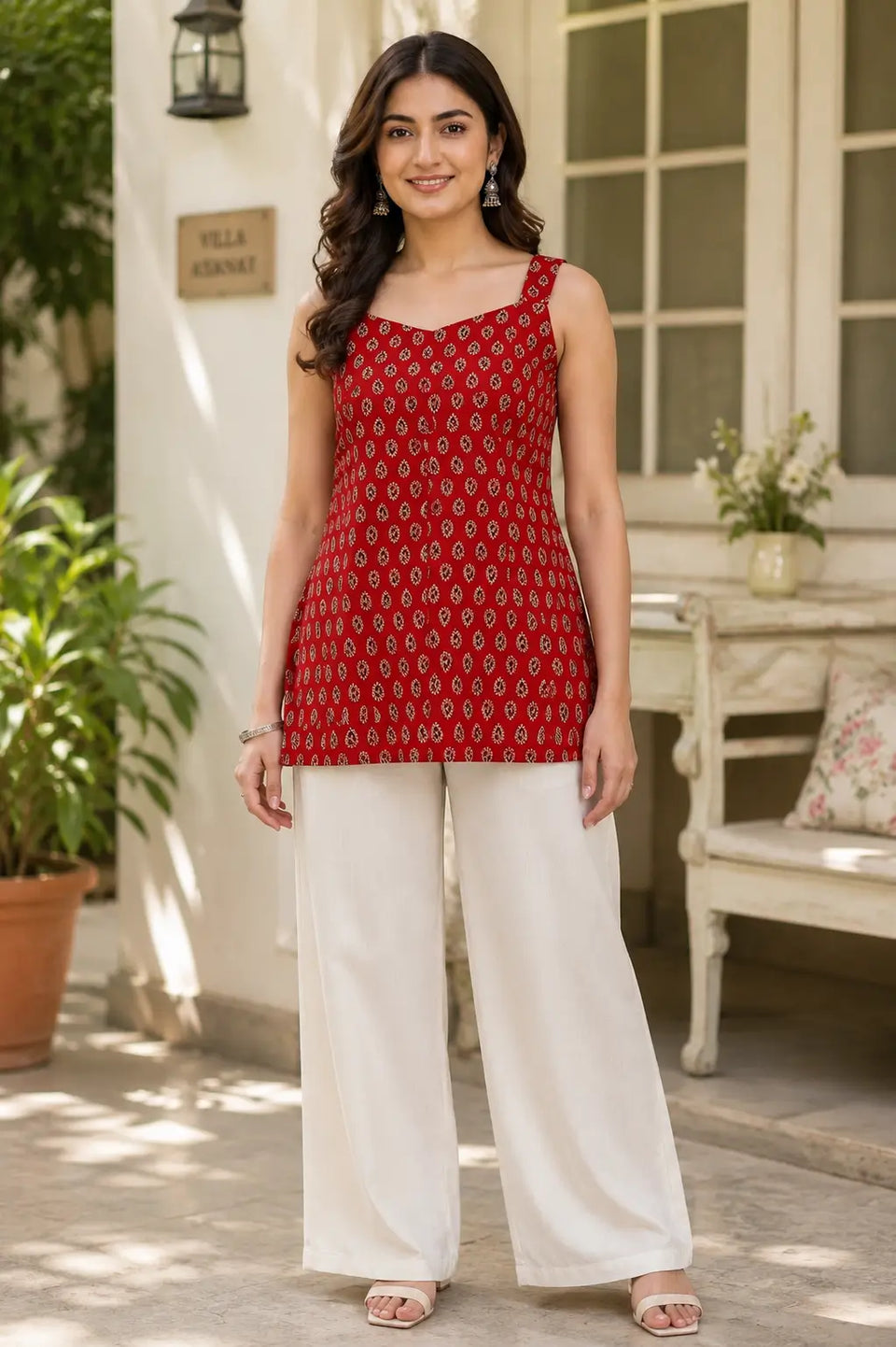 Woman wearing Rabric red cotton paisley print sleeveless short top styled with wide leg trousers, perfect for casual outings and summer fashion.