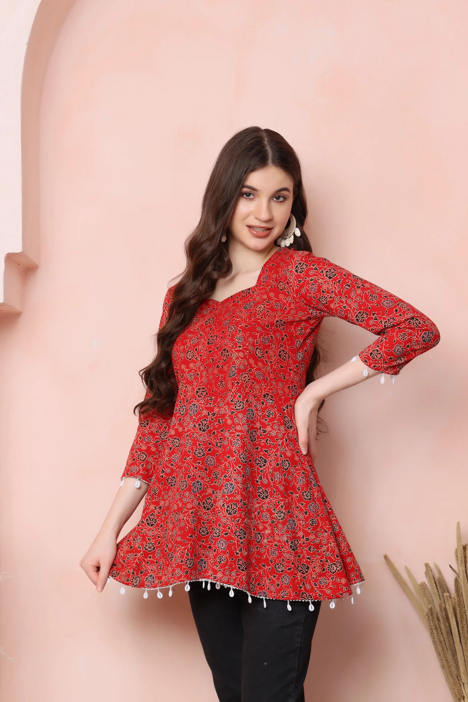 RABRIC red pure cotton floral flared short kurti for women side view